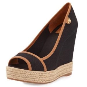 TORY BURCH MAJORCA BLACK CANVAS TAN LEATHER PEEP TOE WEDGE ESPADRILLES
